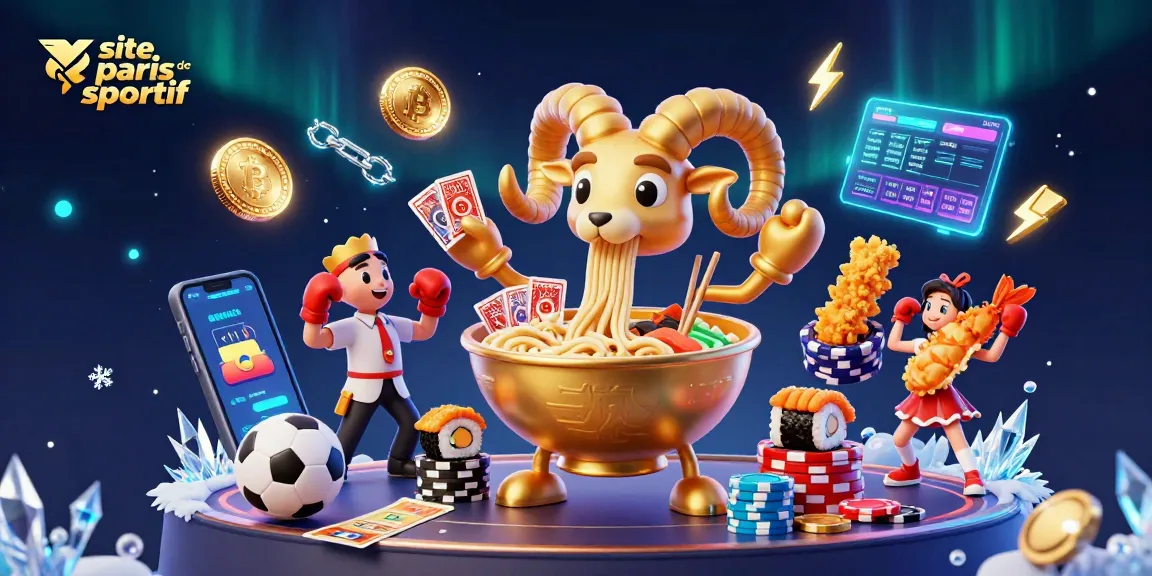 Image illustrant un site de paris sportif avec un bol de ramen géant et des éléments de paris sportifs.