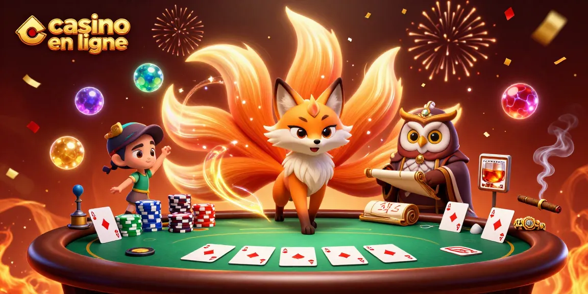 Profitez d'une session de casino en ligne avec un esprit renard fidèle illuminé et des éléments de poker colorés autour.