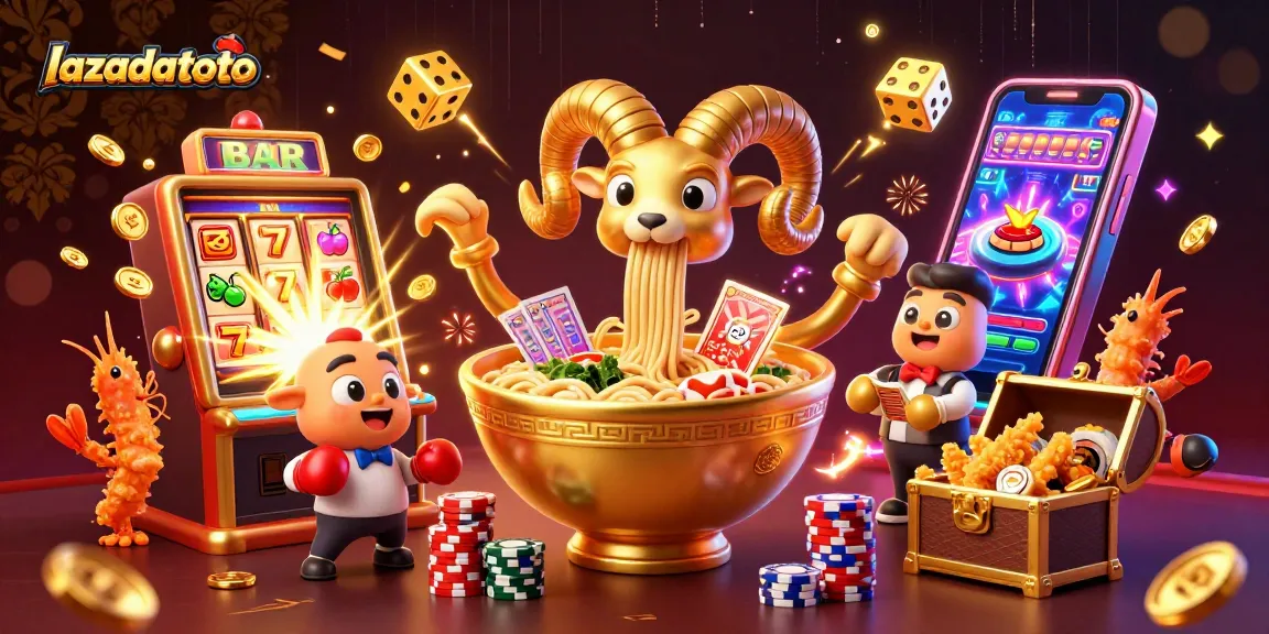 Lazadatoto's vibrant 3D illustration showcasing energetic gambling characters with slot machines and golden coins.