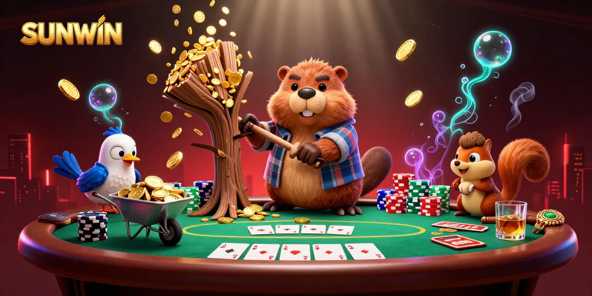 SUNWIN offers a vibrant 3D scene featuring a beaver chopping a tree that showers golden coins among poker elements, vibrant characters in action.