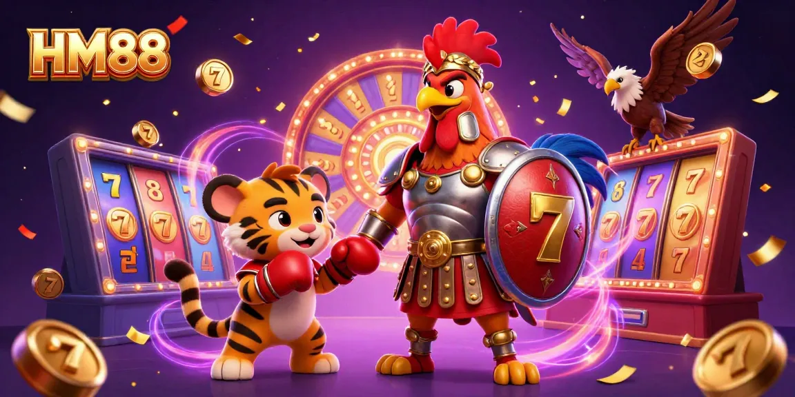 Engage in the thrilling atmosphere of HM88 with a gladiator rooster and vibrant casino elements.