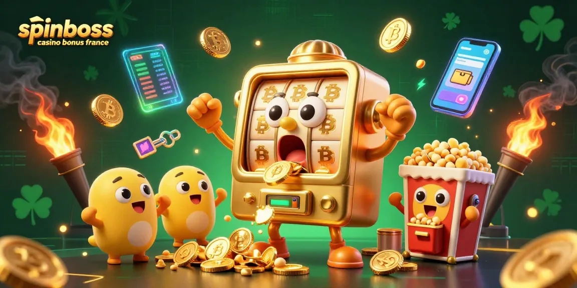 Présentation du bonus SpinBoss Casino France avec des machines à sous animées et des pièces de crypto-monnaies.