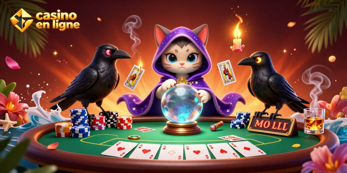 Gagnez à casino en ligne avec une illustration 3D captivante de jeux de cartes et de mystères.