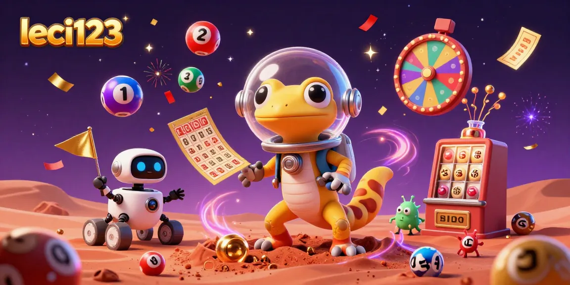 Experience excitement with leci123, featuring a Martian gecko discovering a golden casino amid colorful lottery elements.