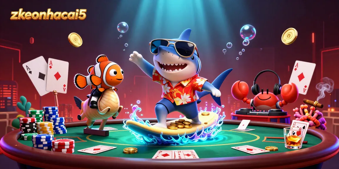 Wave of gold coins shows zkeonhacai5 action with lively characters at the poker table.