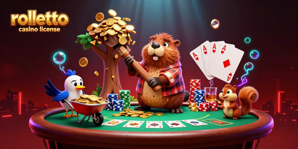 Illustration dynamique du rolletto casino licence avec un castor bûcheron et ses compagnons amassant des pièces d'or.