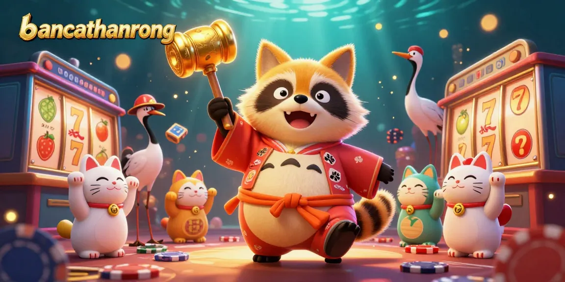 bancathanrong showcases a playful casino scene with a raccoon dog and colorful slot reels, inviting gamblers to engage.